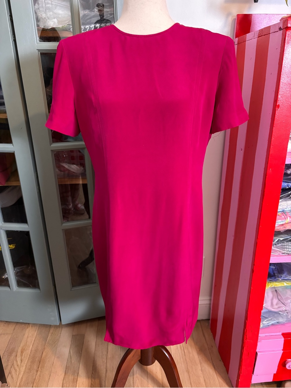 Talbots 100% Silk Fuchsia Pink Midi Sheath Dress Size 10 Vintage Minimalist